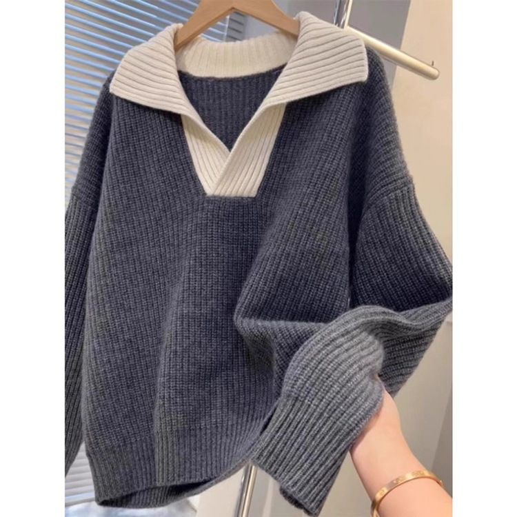 Korean Style Autumn Winter Knit Sweater Women's Loose Fit Soft Pullover Color Block Casual Tops_ecoleips.com