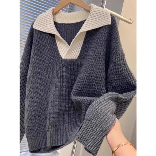 Korean Style Autumn Winter Knit Sweater Women's Loose Fit Soft Pullover Color Block Casual Tops_ecoleips.com