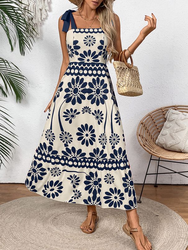 Women's Clothing Ladies Bohemian Style Dress Positioning Flower Shoulder Strap Strap Long Skirt Female_ecoleips.com