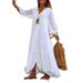 FD536 In Stock 2025 Cross-Border Women's Summer Autumn Bohemian Solid Color V-Neck Loose Long Sleeve Cotton Linen Dress_ecoleips.com