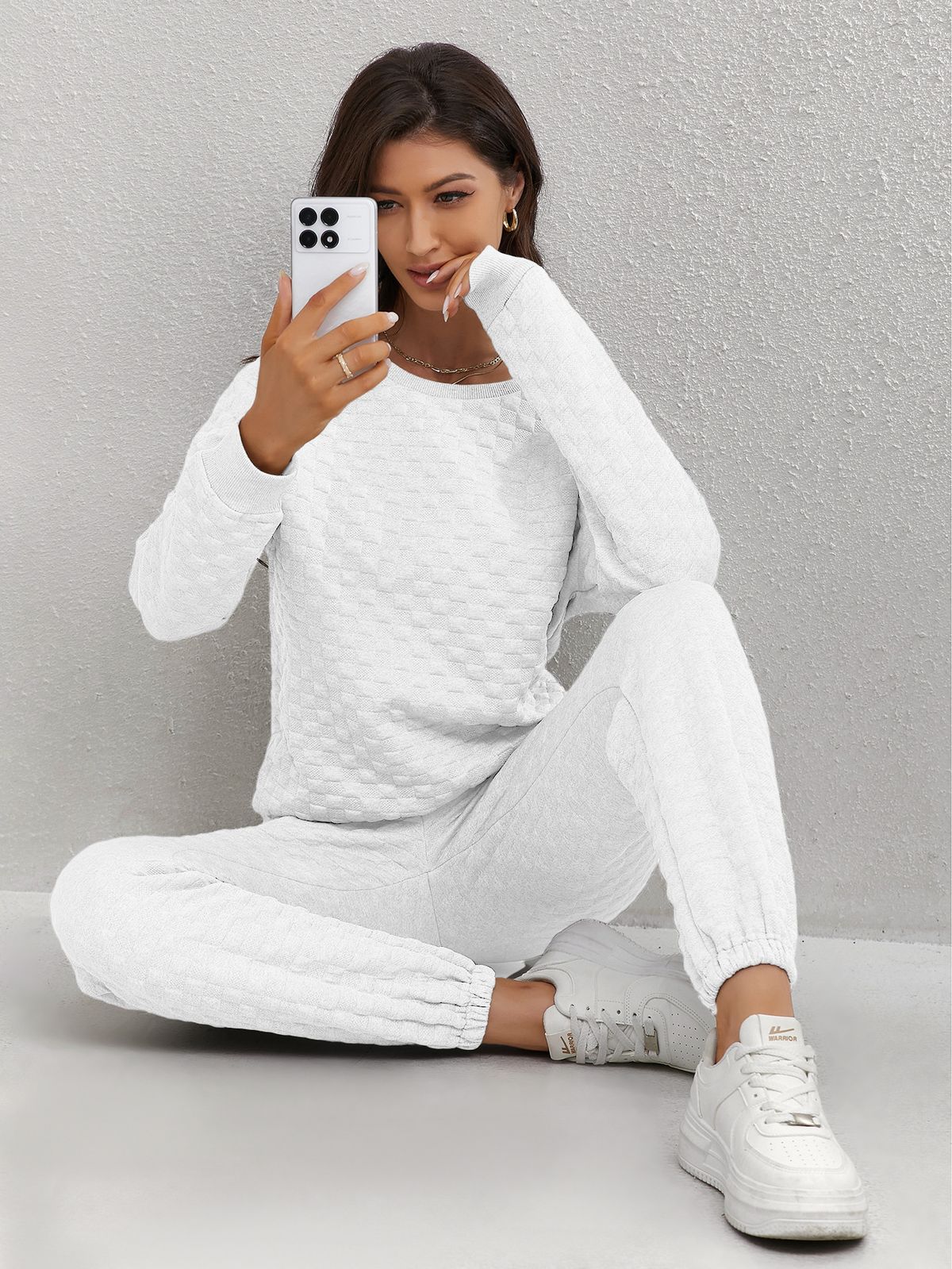 Women's Clothing Waffle Jacquard Long Sleeved Casual Sports Sweater Trousers Women's Suit_ecoleips.com
