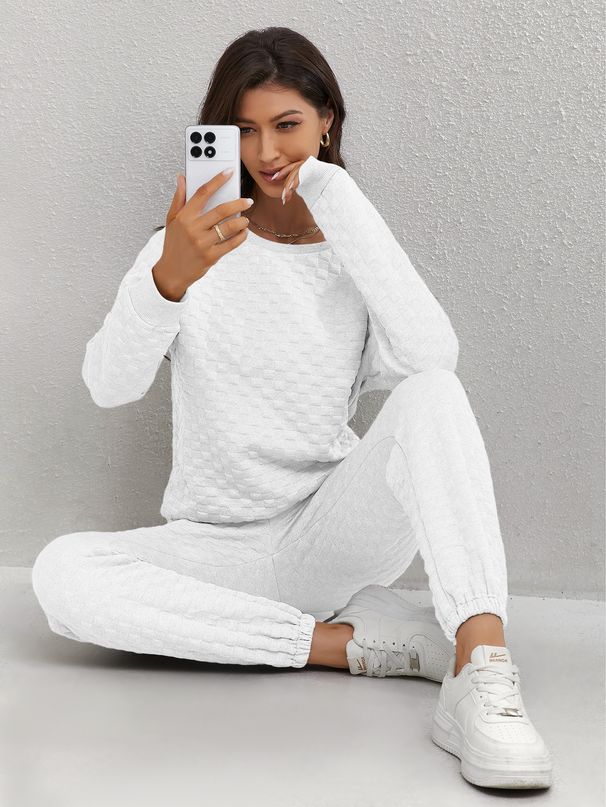 Women's Clothing Waffle Jacquard Long Sleeved Casual Sports Sweater Trousers Women's Suit_ecoleips.com
