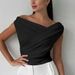 Women's Solid Color Casual Top Spring New Loose Fit Versatile American Style Design Irregular Neck 2026_ecoleips.com