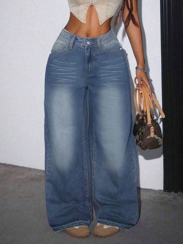 Women's Raw Edge Design Loose Wide Leg Jeans Denim Pants Casual Trousers_ecoleips.com