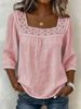 Women's Clothing Women's Casual Square Neck Top Lace Trim Three-Point Cotton Linen Short Sleeve Solid Color Summer_ecoleips.com