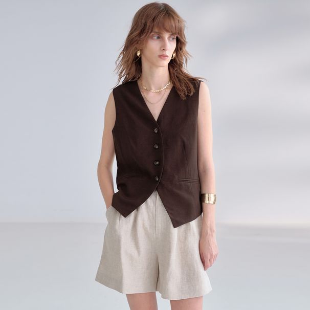 Women's High-Waisted Pure Linen Shorts Old Money Style Twill Loose Straight Leg Designer Pants Summer Commuter Wear_ecoleips.com