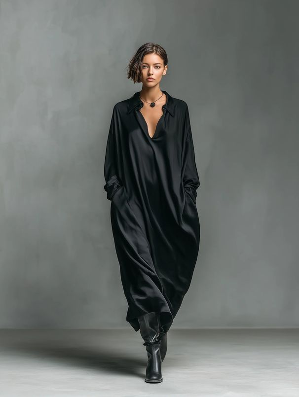 Elegant Satin Long Sleeve Shirt Dress for Women Solid Color Office Wear Versatile Stretch Comfort_ecoleips.com