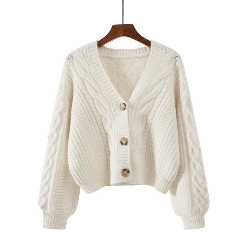 Women's V Neck Cardigan Sweater Loose Fit Retro Cable Knit Short Style For Autumn Winter New_ecoleips.com