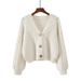 Women's V Neck Cardigan Sweater Loose Fit Retro Cable Knit Short Style For Autumn Winter New_ecoleips.com
