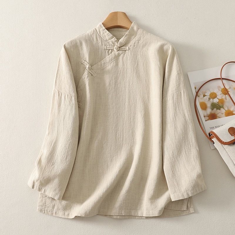 Renzhu Retro Shirt Women's Autumn Linen Shirt With Zen-Inspired Design, New Chinese Style With Standing Collar, Diagon_ecoleips.com