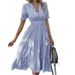 Women's Clothing Striped Dress V Neck Elastic Waist Short Sleeves Large Swing Dress_ecoleips.com