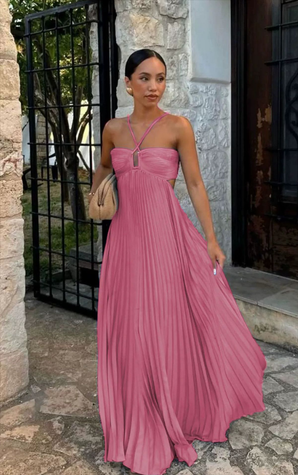 Women's Sexy Solid Color Strapless Smocked Sleeveless Halter Backless Maxi Dress – Casual Resort Summer Gown_ecoleips.com