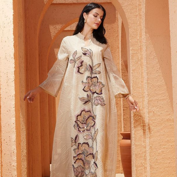 NC78 Women's Mesh Embroidered Dress Robe New Style Heavy Appliqué Patchwork Muslim Fashion Clothing_ecoleips.com
