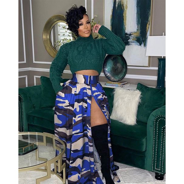 S390441 Spring Summer New Women's Casual Camouflage Print Zipper Split Elastic Waist Skirt_ecoleips.com