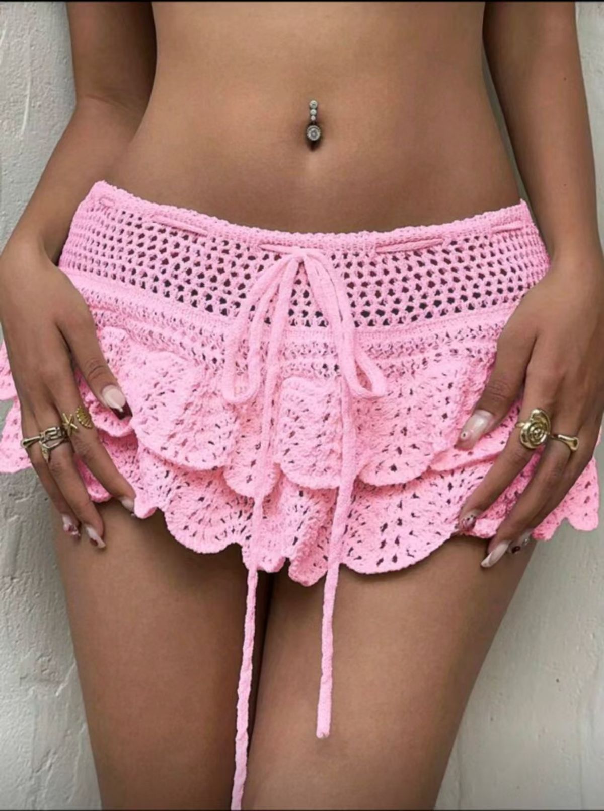 Women's Solid Color Knitted Mini Skirt Sexy Hollowed out Design European And American Style Summer Short Skirt Beach Cover up_ecoleips.com