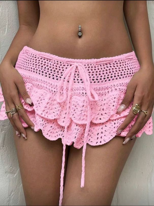 Women's Solid Color Knitted Mini Skirt Sexy Hollowed out Design European And American Style Summer Short Skirt Beach Cover up_ecoleips.com