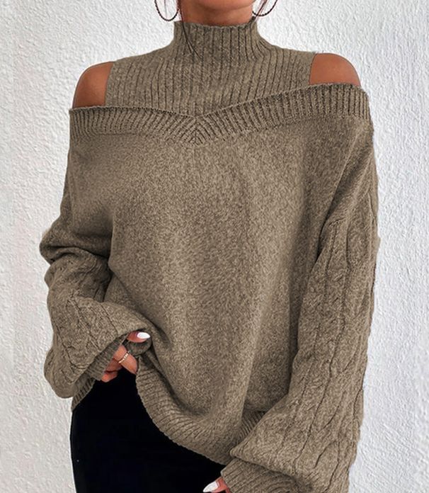 Off-Shoulder Elegance Knit Sweater – Relaxed Mock Neck, Lantern Sleeves (S-XXXL, 8 Colors, Office-to-Event Versatility)_ecoleips.com