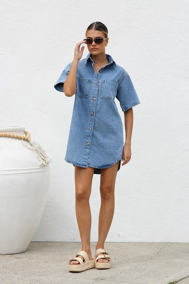 Women's Collared Shirt Dress Mid-Length Denim Short Sleeve Cardigan With Pocket Summer Fashion Cross Border Foreign Trade Clothing_ecoleips.com
