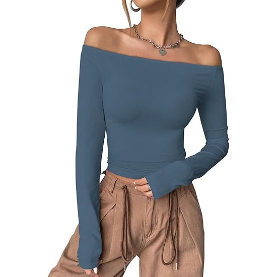 Women's Sexy Long Sleeved off Shoulder T-Shirt European American Style High End Feel Base Layer Top for Women_ecoleips.com