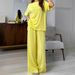 European And American Autumn New Yellow Knitted Ribbed Loose Comfortable Short Sleeve Long Pants Pajama Set_ecoleips.com