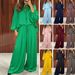 Women's V Neck Two Piece Set Lantern Sleeve Long Sleeved Loose Top Elastic Waist Wide Leg Pants_ecoleips.com