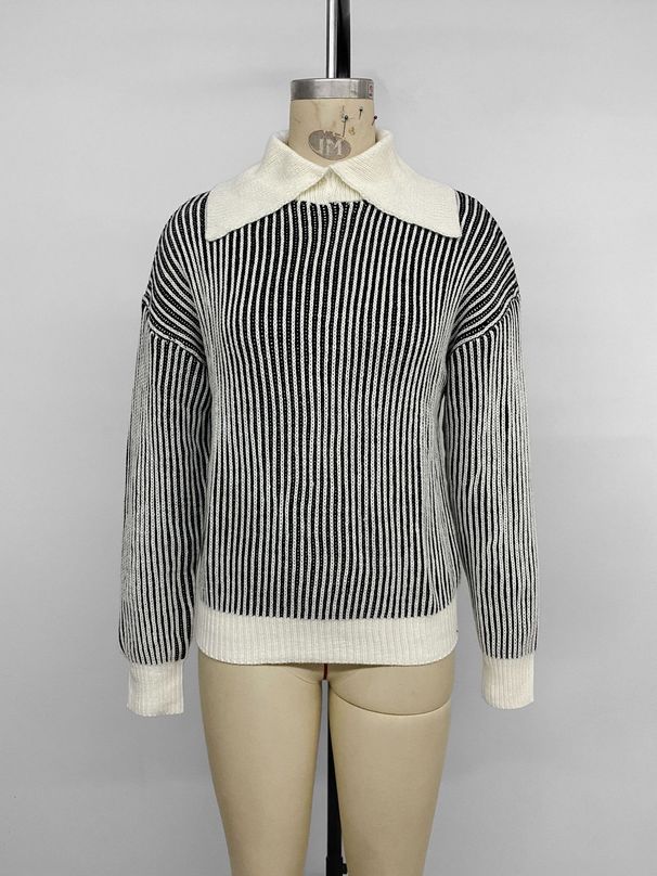 K New Casual Retro Style Design With A Large Lapel And Half High Collar Striped Sweater For Women_ecoleips.com