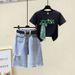 Women's Clothing fashion color matching embroidery short-sleeved T-shirt raw edge hip-wrapped A-line high waist denim skirt_ecoleips.com