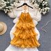 Summer Yellow Dress for Women French Style Halter Neck Ruffled Trim Cake Style Vacation Look Selected 2025_ecoleips.com
