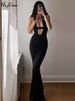 Hugcitar Black Strap Deep V Neck Backless Sexy Bodycon Maxi Dress 2023 Summer Women Elegant Clothes Festival Rave Party Club Y2K_ecoleips.com