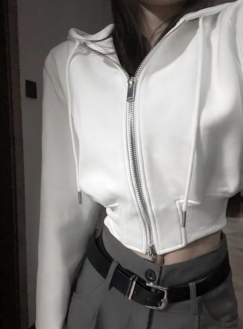 American Street High-End Hooded Sweatshirt For Women, Spring And Autumn Short Thin Waist-Cinching Elegant Zipper Lazy_ecoleips.com