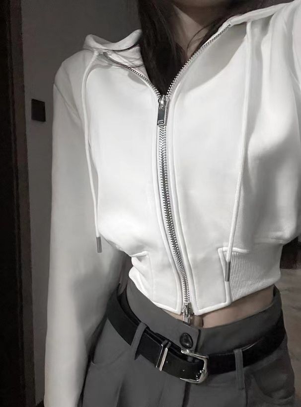 American Street High-End Hooded Sweatshirt For Women, Spring And Autumn Short Thin Waist-Cinching Elegant Zipper Lazy_ecoleips.com