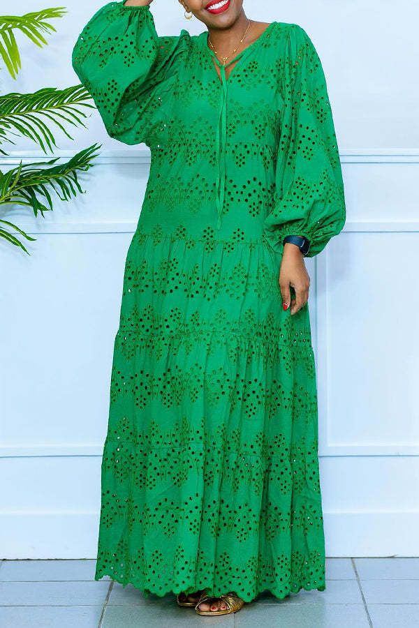 Plus Size V-Neck Bow Tie Floral Embroidered Dress – Lantern Sleeves & Pleated Maxi Dress For Women_ecoleips.com
