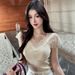 Women's Slim Fit Lace Trim V Neck Short Sleeve T-Shirt Knitted Base Top Thin Summer Inner Layer_ecoleips.com