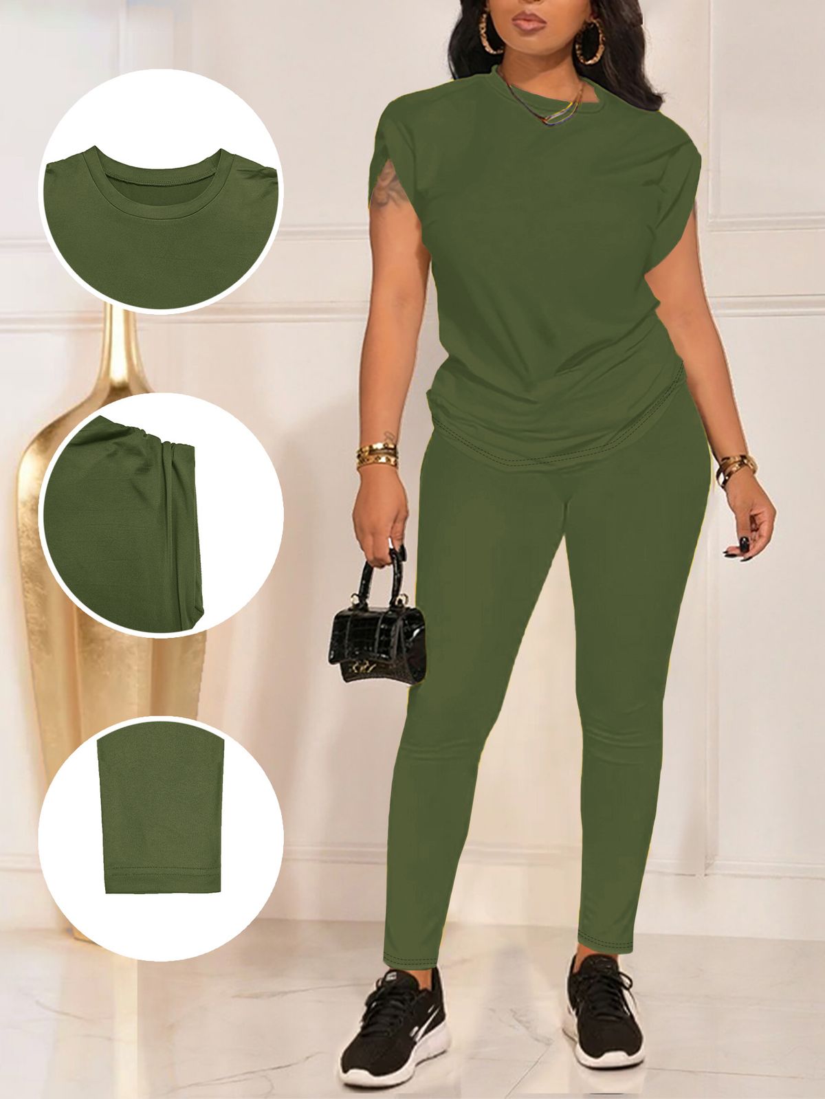 Women's Short Sleeve Round Neck Top With Pants Set - Summer Casual Two-Piece Outfit In Dark Green_ecoleips.com