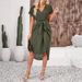 Women's Solid Color Slit Wrap Style Short Dress Spring Autumn Loose Fit Short Sleeve Tie up Casual Dress_ecoleips.com