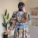 Women’s Clothing Autumn New Women's Fashion Printed V Neck Tie Waist Long Sleeved Dress_ecoleips.com