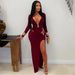 Women's Sexy V-Neck Solid Color Long Sleeve Bodycon Dress Fashion Elegant Slimming Fit Maxi Dress_ecoleips.com