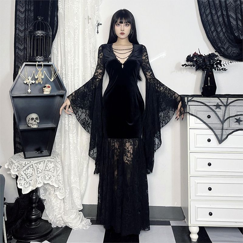 Women's Dark Style Elegant Dress Batwing Sleeve Lace Patchwork Velvet New Arrival Halloween Autumn_ecoleips.com