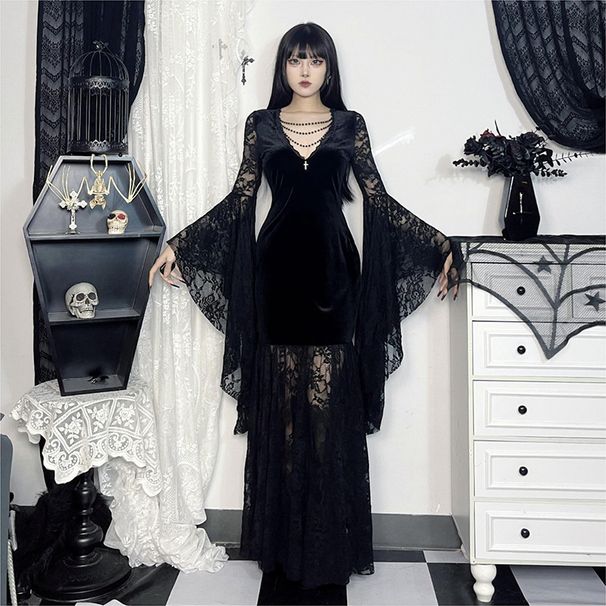 Women's Dark Style Elegant Dress Batwing Sleeve Lace Patchwork Velvet New Arrival Halloween Autumn_ecoleips.com