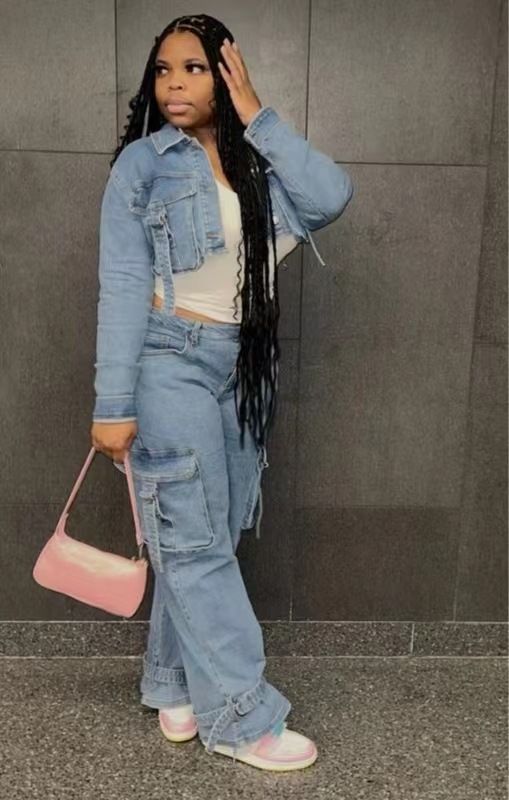 Women's Denim Workwear Jacket & Pants Set 2-Piece Outfit - Streetwear Oversized Pocket Utility Jumpsuit (Blue, M/L/XL/XXL)"_ecoleips.com