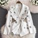 A Light Hearted Female Professional Commuter Wear Two Piece Suit With Diamond Flowers And Waist Hugging Versatile Suit Jacket + High Waisted Trousers_ecoleips.com