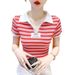 Women's Clothing Summer New Color Matching Striped Short Sleeved T Shirt Women's Slim And Versatile Contrast Color Collar T Shirt Women_ecoleips.com