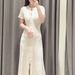 Elegant Maxi Dress For Women Knitted Lace Trim Ruffled Sleeves Floral Embroidery A-Line Silhouette_ecoleips.com