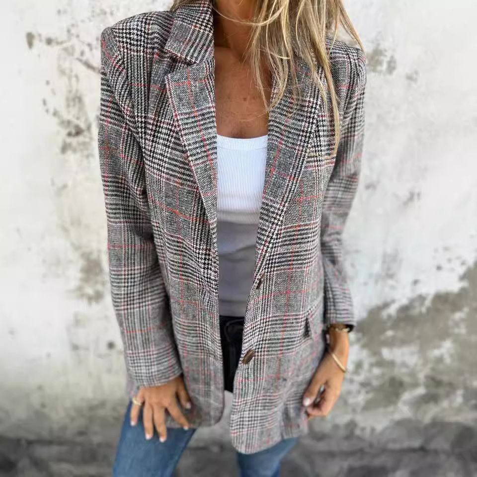 2025 Independent Website Cross-Border European And American Autumn/Winter Women's Retro Houndstooth Lapel Blazer_ecoleips.com
