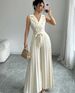 Women's Clothing Suit Collar Dress Color V Neck Tie Waist Pleated Skirt_ecoleips.com