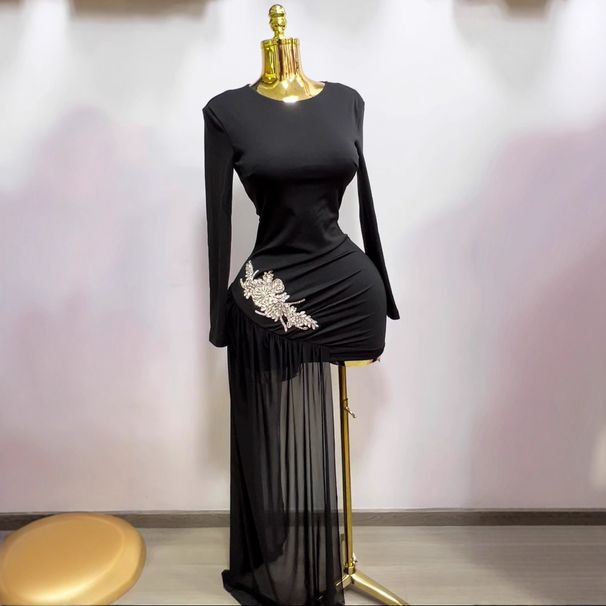 Women's Clothing Women's Slim Fit Long Sleeved Dress Black Rhinestone Detailing Sexy Cocktail Club Party Wear_ecoleips.com