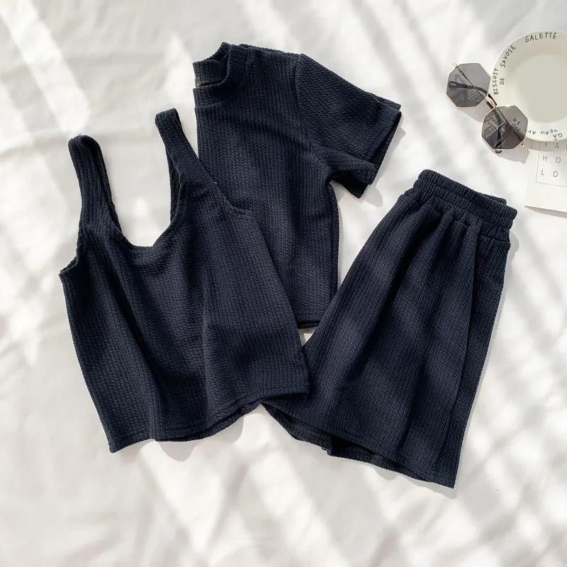 Women's Waffle Knit Short Sleeve T-Shirt & Wide Leg Shorts 3-Piece Set - Casual Loungewear Outfit_ecoleips.com