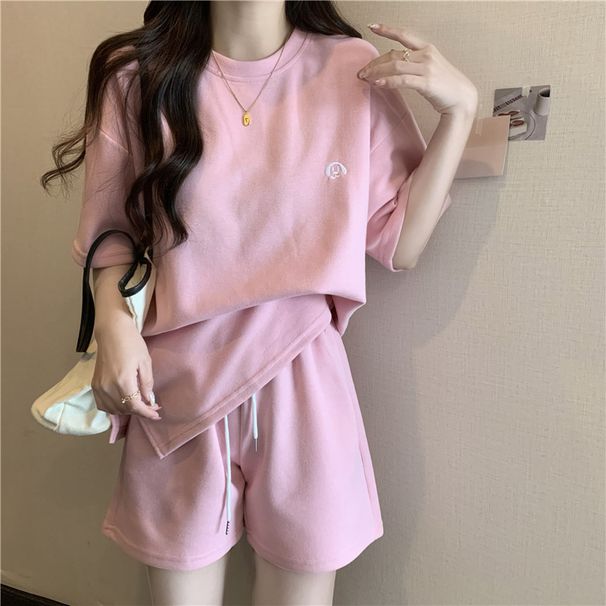 Women's Clothing In Summer Sports Casual Style Hemmed Short Sleeved T Shirt A Line Wide Leg Shorts Two Piece Suit_ecoleips.com