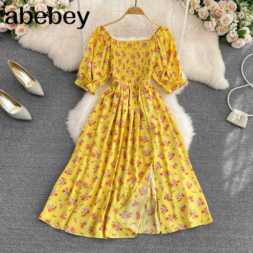 2026 Fashion New Summer Flower Print Long Dress Women Vintage Square Neck Ruched Chest Split Sundress Party Vestidos_ecoleips.com