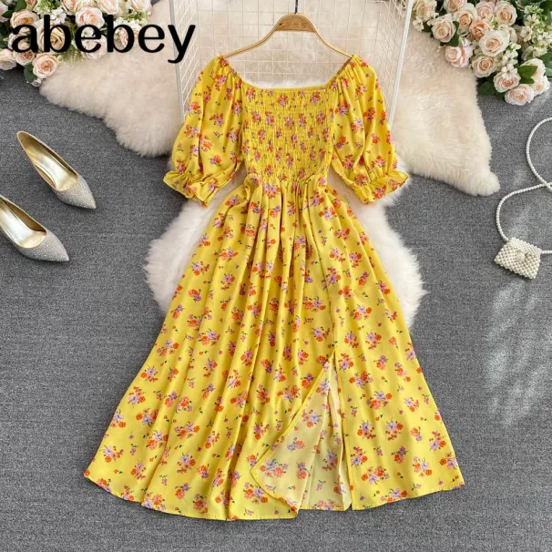 2026 Fashion New Summer Flower Print Long Dress Women Vintage Square Neck Ruched Chest Split Sundress Party Vestidos_ecoleips.com